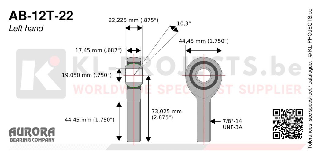 Aurora AB-12T-22 male rod end drawing with dimensions