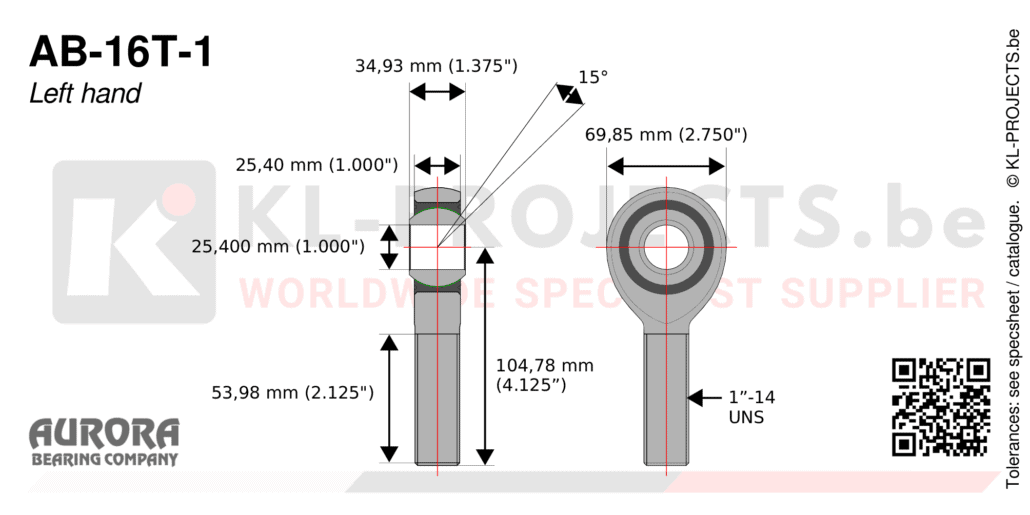 Aurora AB-16T-1 male rod end drawing with dimensions