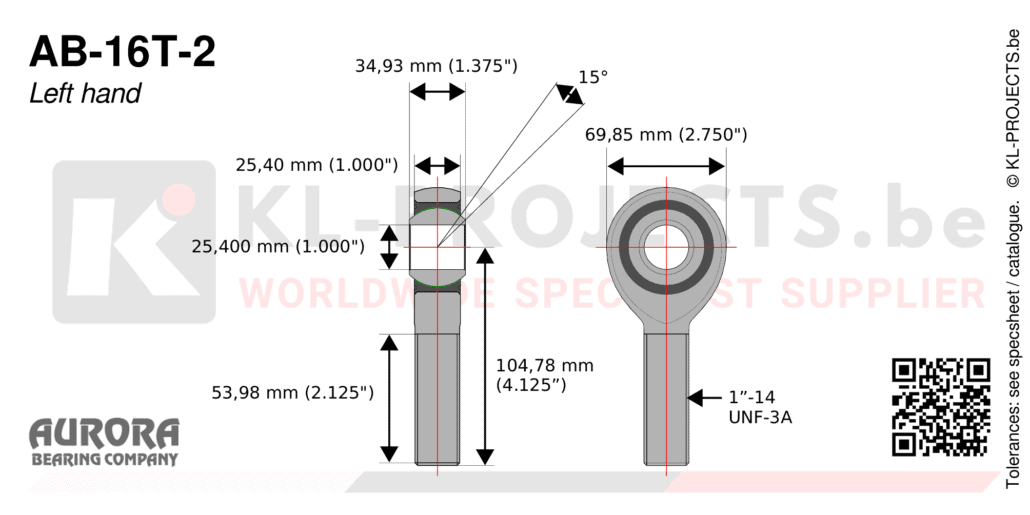 Aurora AB-16T-2 male rod end drawing with dimensions