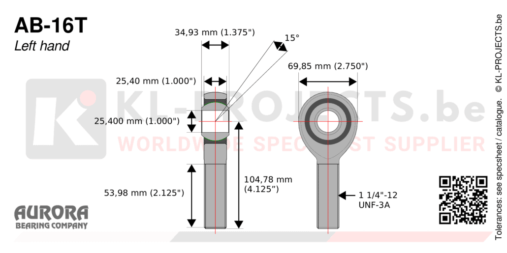 Aurora AB-16T male rod end drawing with dimensions