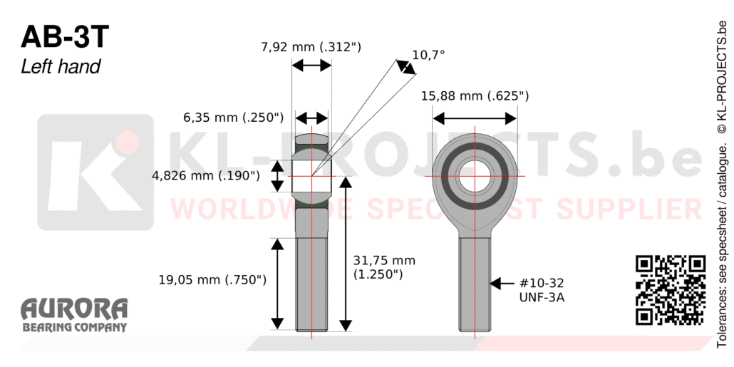 Aurora AB-3T male rod end drawing with dimensions