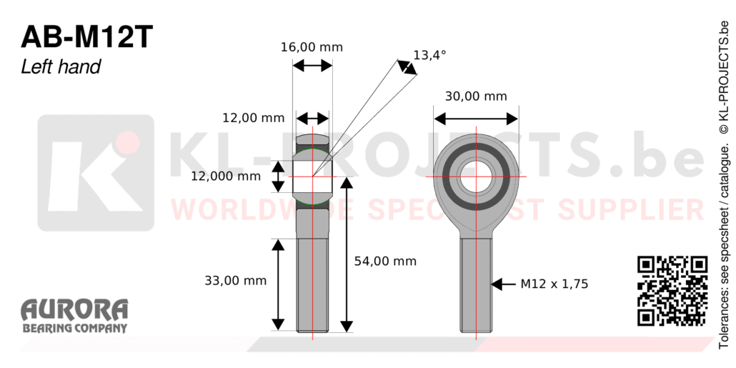 Aurora AB-M12T male rod end drawing with dimensions