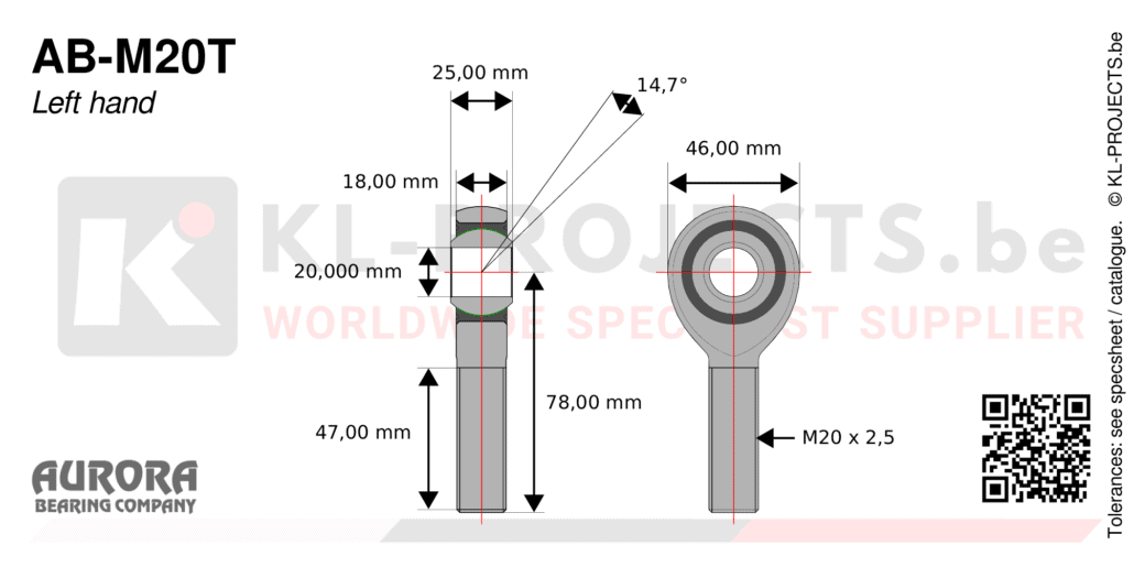 Aurora AB-M20T male rod end drawing with dimensions