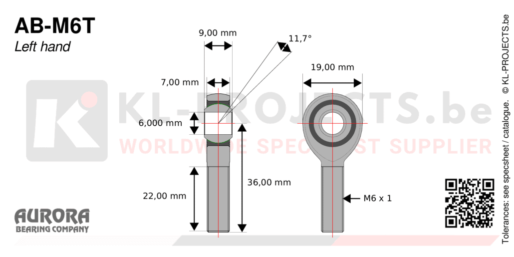 Aurora AB-M6T male rod end drawing with dimensions
