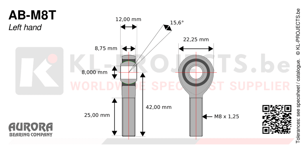 Aurora AB-M8T male rod end drawing with dimensions