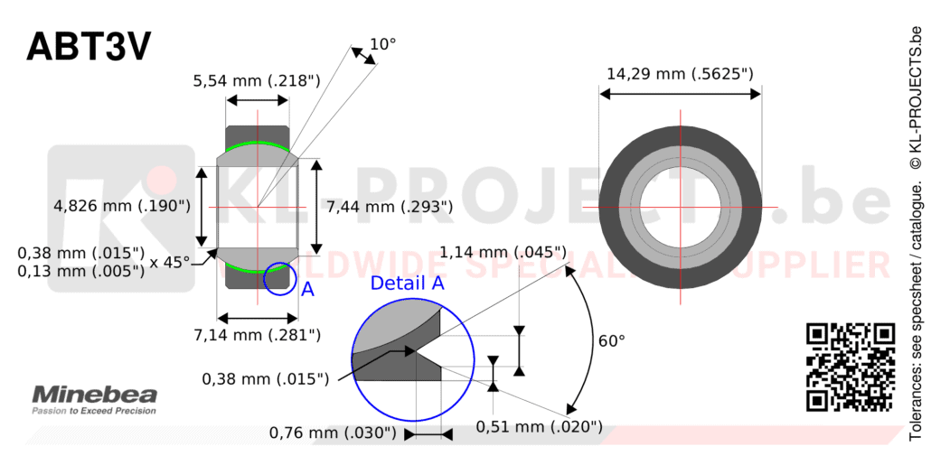 NMB Minebea ABT3V narrow spherical bearing drawing with dimensions