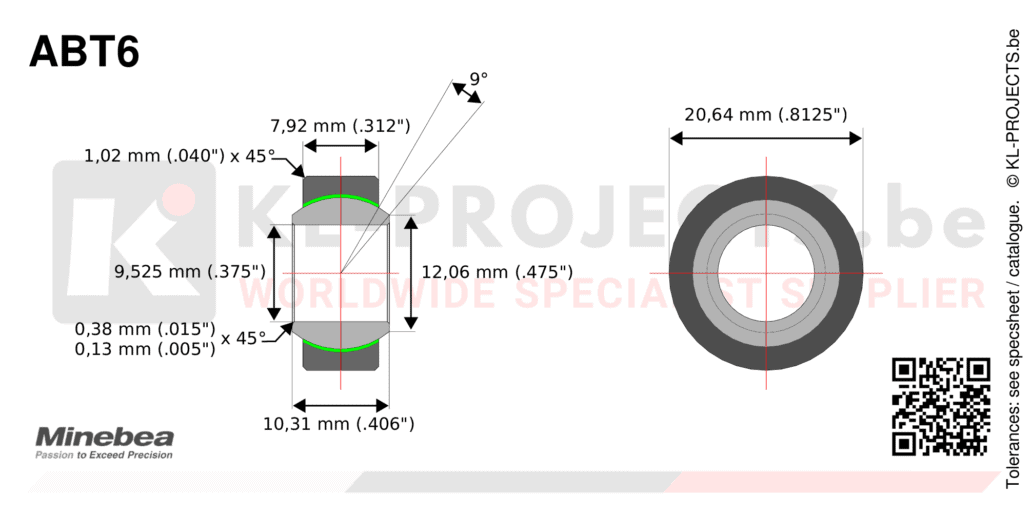 NMB Minebea ABT6 narrow spherical bearing drawing with dimensions