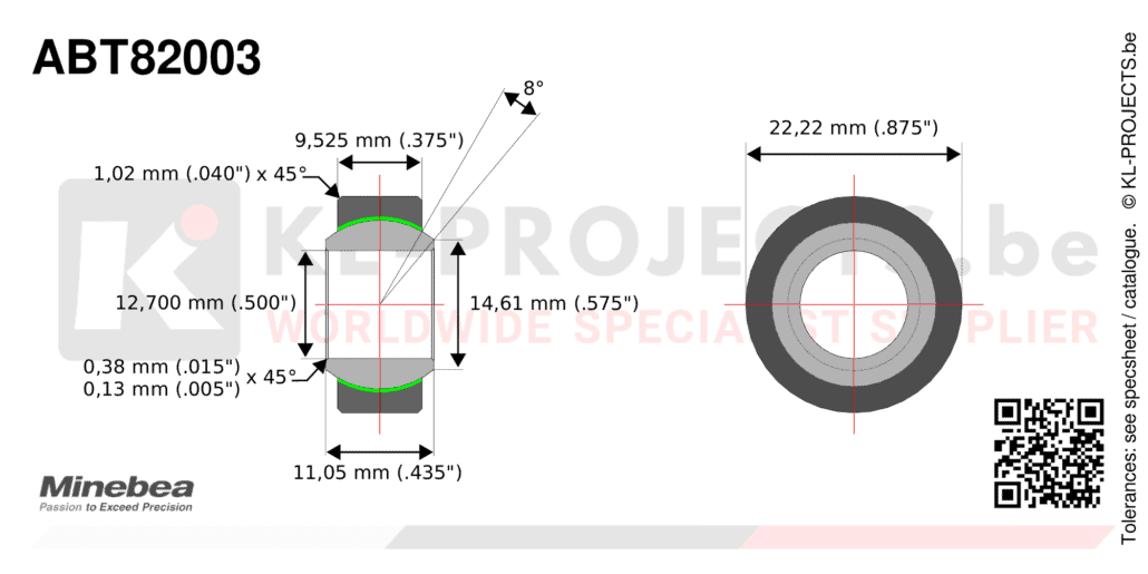 NMB Minebea ABT82003 narrow spherical bearing drawing with dimensions