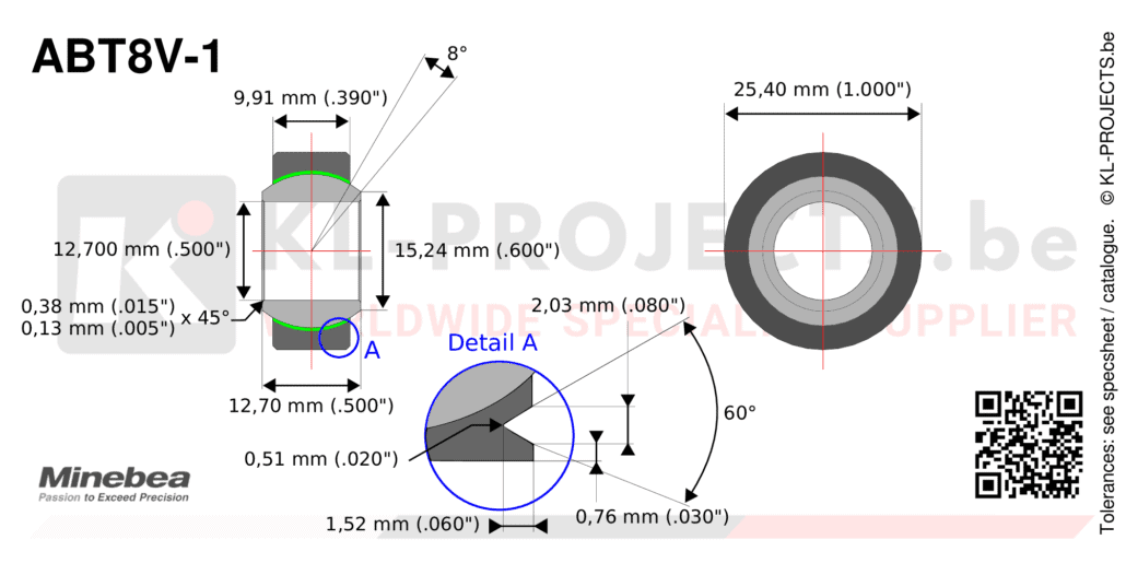 NMB Minebea ABT8V-1 narrow spherical bearing drawing with dimensions