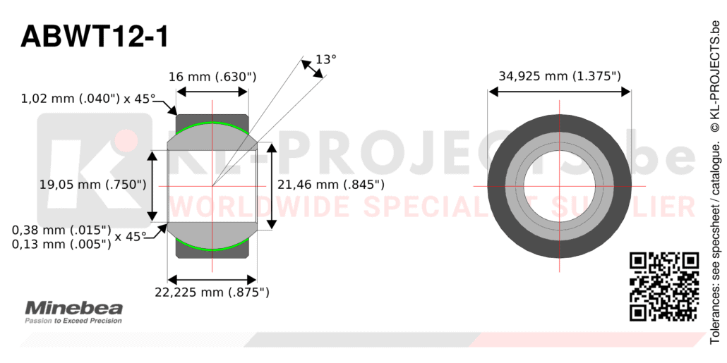 NMB Minebea ABWT12-1 wide spherical bearing drawing with dimensions