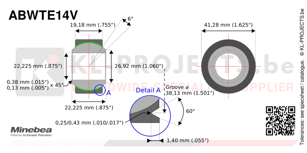 NMB Minebea ABWTE14V wide spherical bearing drawing with dimensions