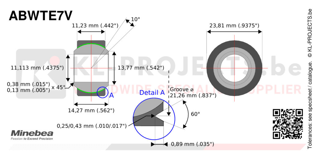 NMB Minebea ABWTE7V wide spherical bearing drawing with dimensions
