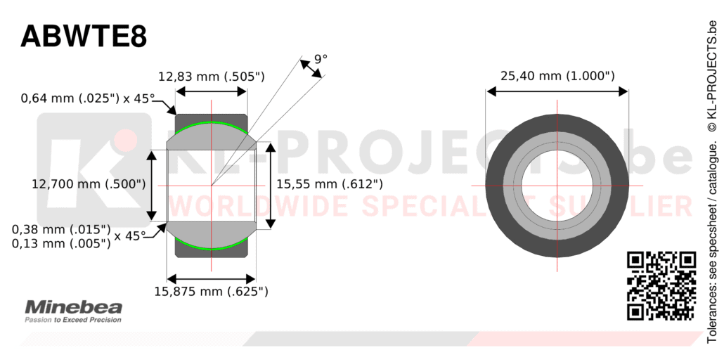 NMB Minebea ABWTE8 wide spherical bearing drawing with dimensions