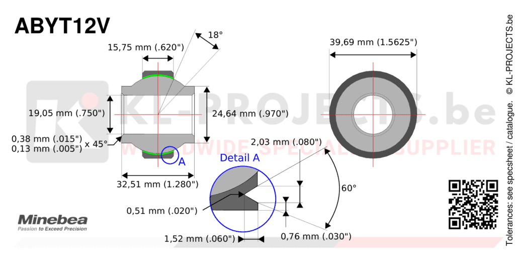 NMB Minebea ABYT12V high misalignment spherical bearing drawing with dimensions