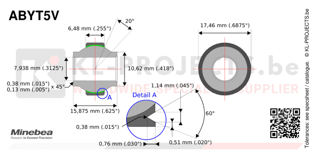 NMB Minebea ABYT5V high misalignment spherical bearing drawing with dimensions