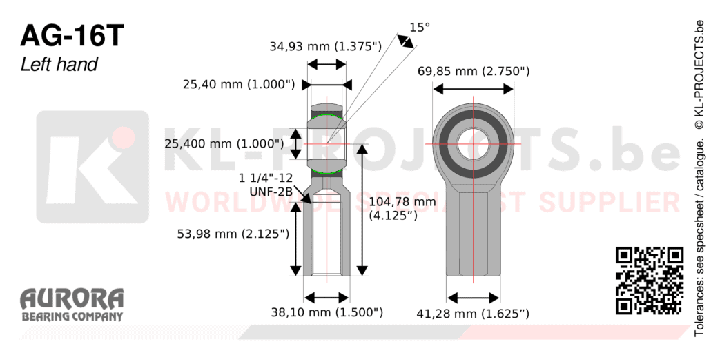 Aurora AG-16T female rod end drawing with dimensions
