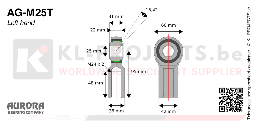 Aurora AG-M25T female rod end drawing with dimensions