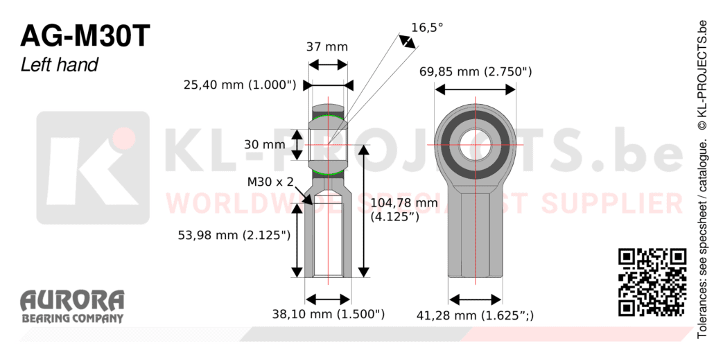Aurora AG-M30T female rod end drawing with dimensions