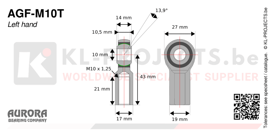 Aurora AGF-M10T female rod end drawing with dimensions