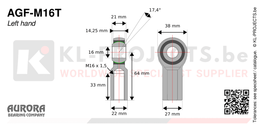 Aurora AGF-M16T female rod end drawing with dimensions