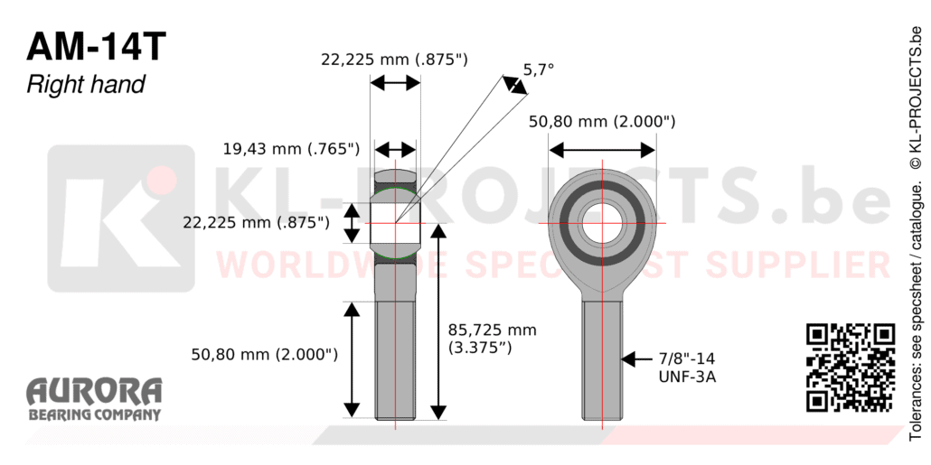 Aurora AM-14T male rod end drawing with dimensions