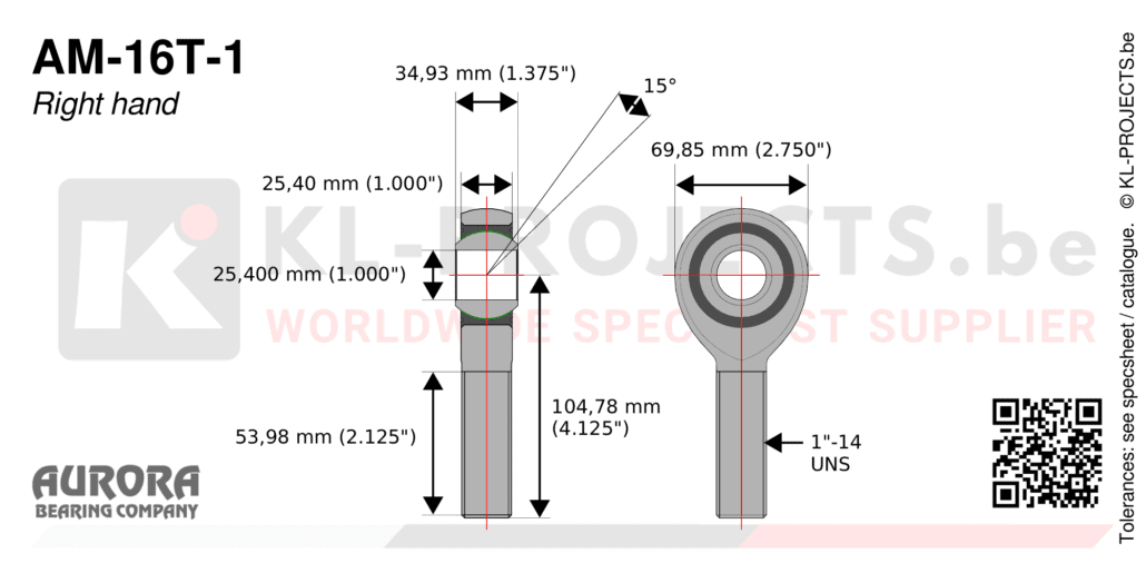 Aurora AM-16T-1 male rod end drawing with dimensions