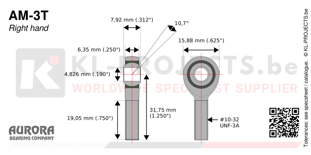 Aurora AM-3T male rod end drawing with dimensions