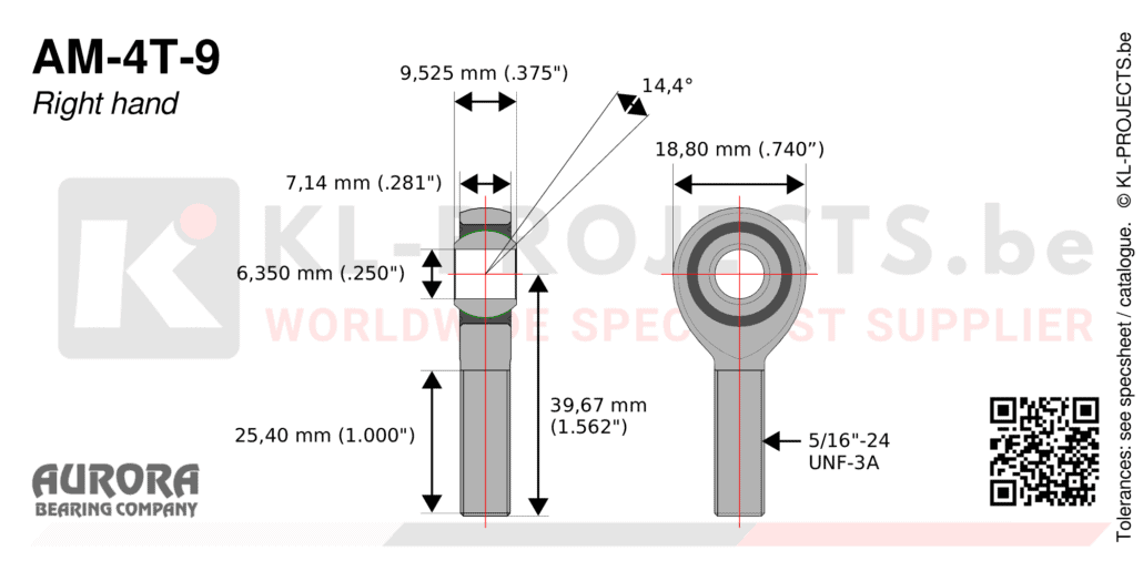Aurora AM-4T-9 male rod end drawing with dimensions