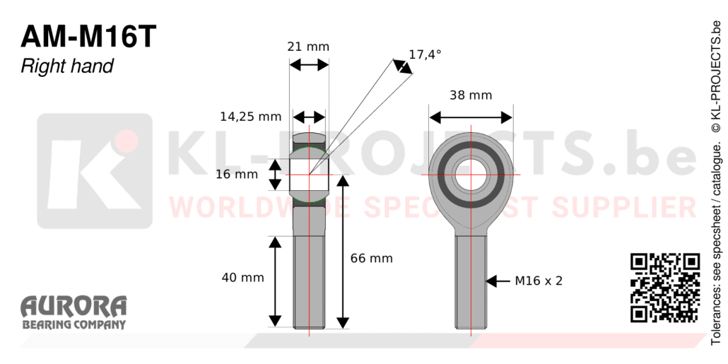 Aurora AM-M16T male rod end drawing with dimensions