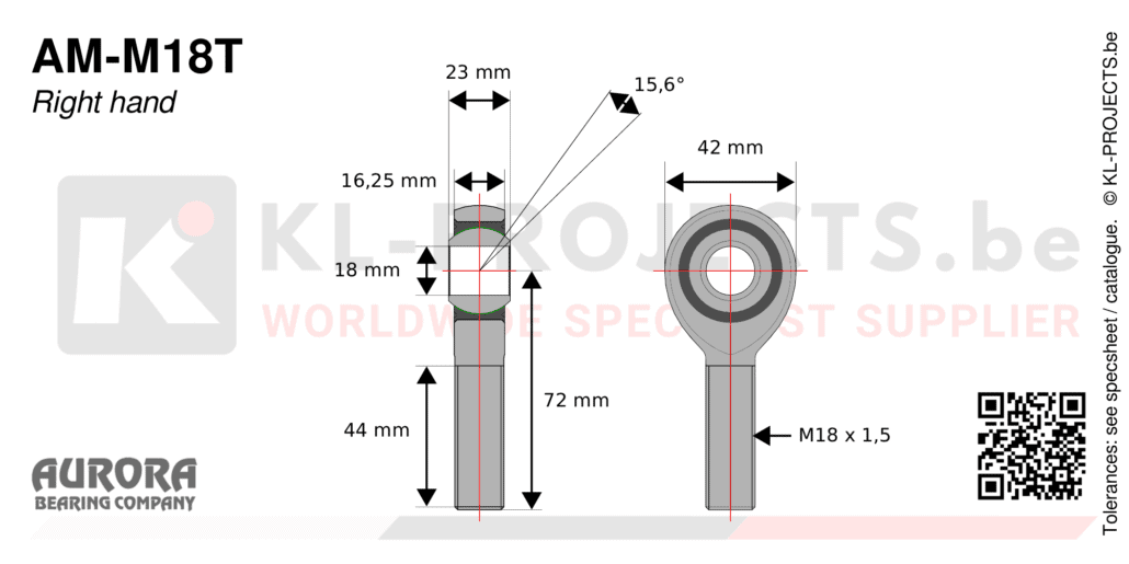 Aurora AM-M18T male rod end drawing with dimensions