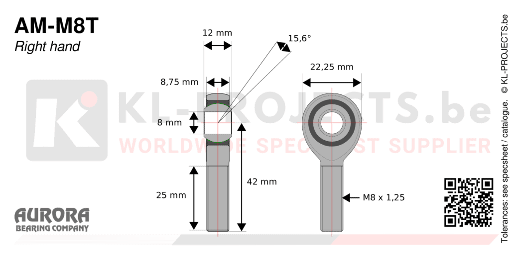 Aurora AM-M8T male rod end drawing with dimensions