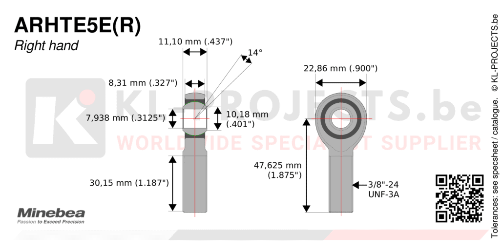 NMB Minebea ARHTE5ECR male rod end drawing with dimensions