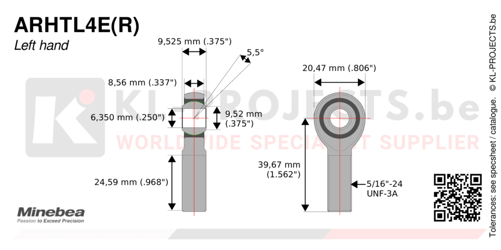 NMB Minebea ARHTL4ECR male rod end drawing with dimensions