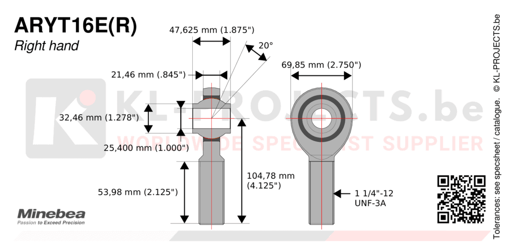 NMB Minebea ARYT16ECR male rod end drawing with dimensions