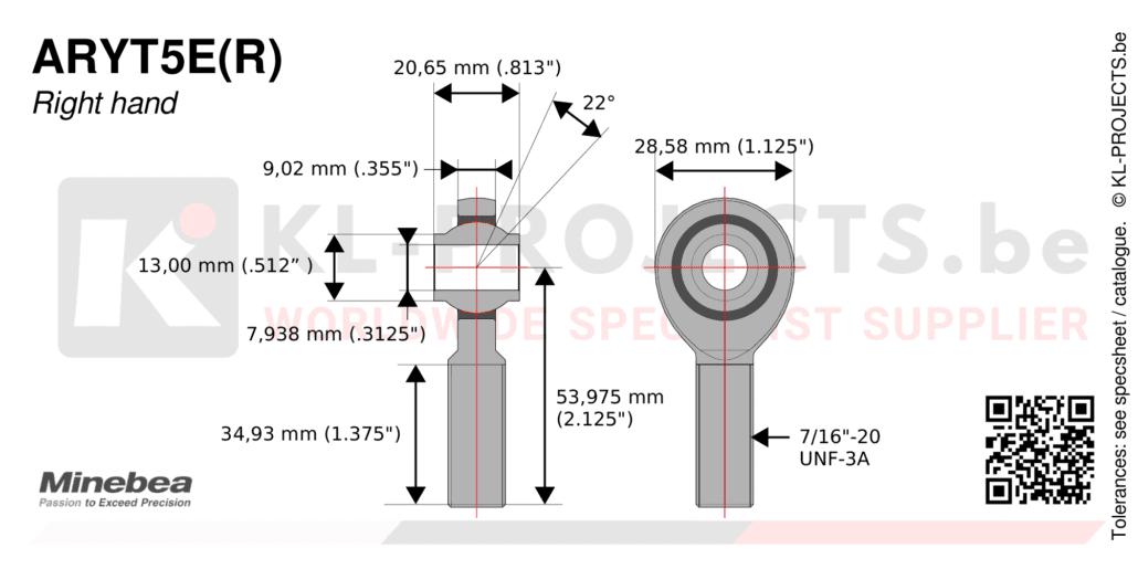 NMB Minebea ARYT5ECR male rod end drawing with dimensions