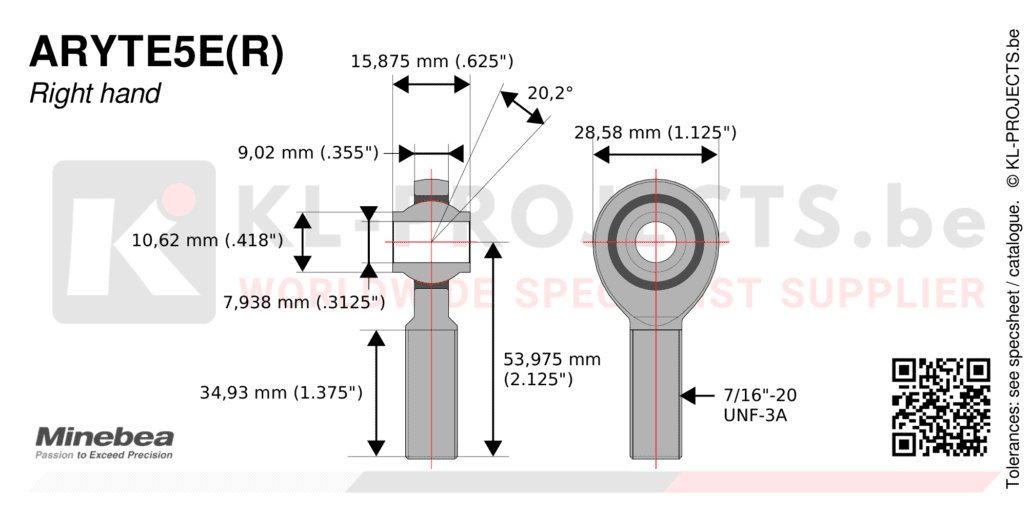 NMB Minebea ARYTE5ECR male rod end drawing with dimensions