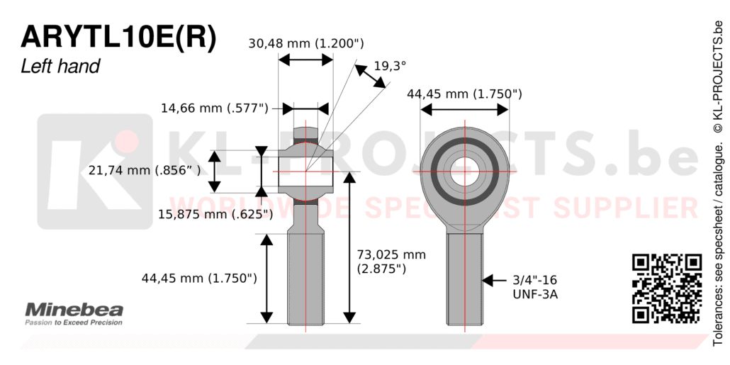 NMB Minebea ARYTL10ECR male rod end drawing with dimensions
