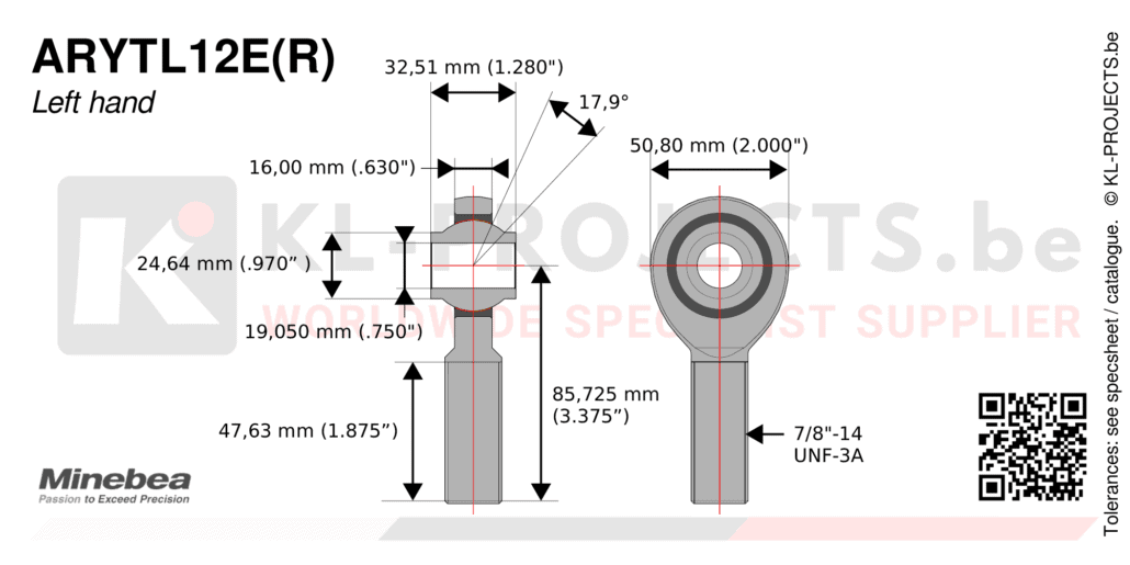 NMB Minebea ARYTL12ECR male rod end drawing with dimensions