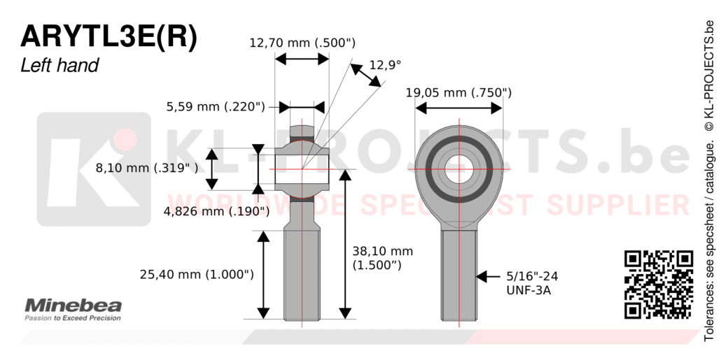 NMB Minebea ARYTL3ECR male rod end drawing with dimensions