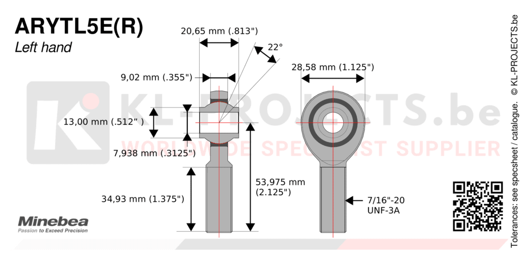 NMB Minebea ARYTL5ECR male rod end drawing with dimensions