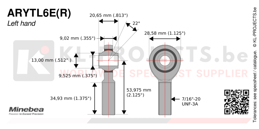 NMB Minebea ARYTL6ECR male rod end drawing with dimensions