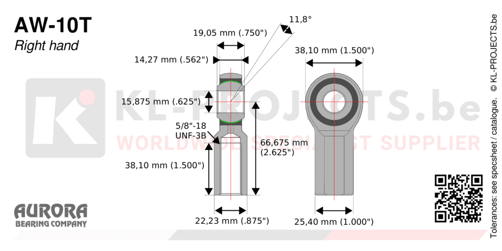 Aurora AW-10T female rod end drawing with dimensions
