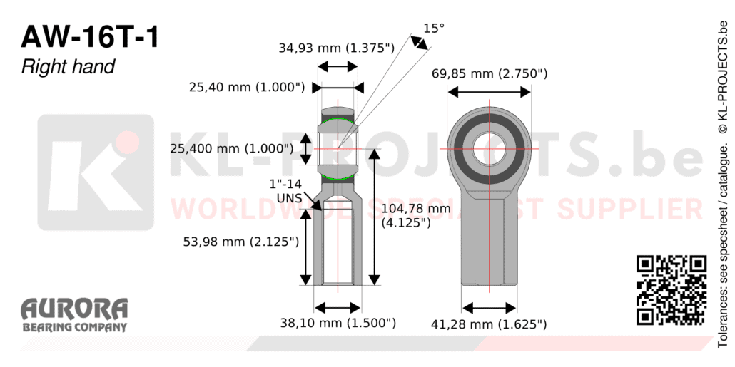 Aurora AW-16T-1 female rod end drawing with dimensions