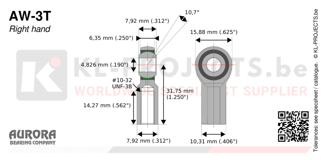 Aurora AW-3T female rod end drawing with dimensions