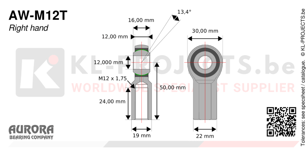 Aurora AW-M12T female rod end drawing with dimensions