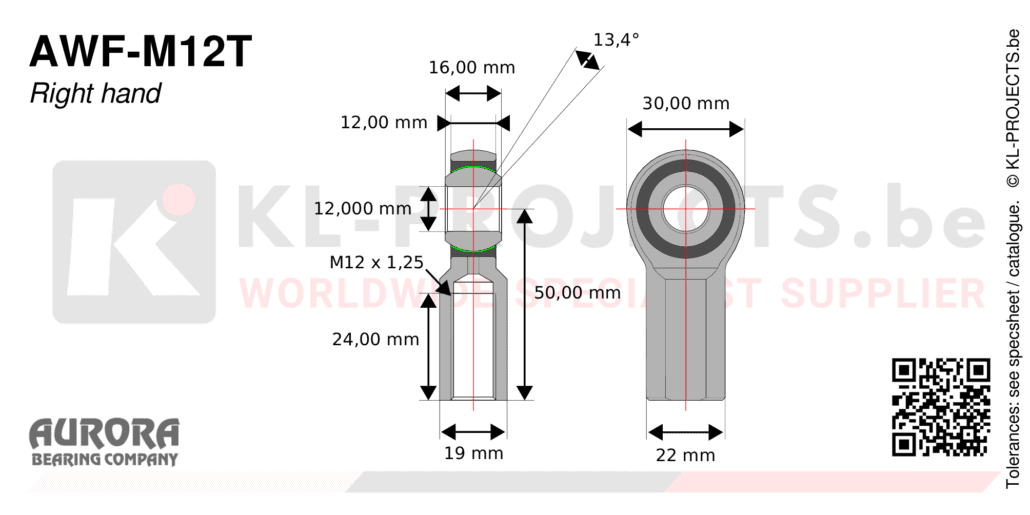 Aurora AWF-M12T female rod end drawing with dimensions