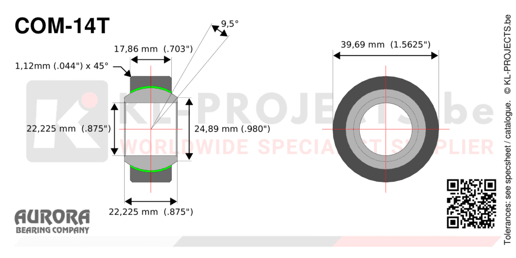 Aurora COM-14T narrow spherical bearing drawing with dimensions