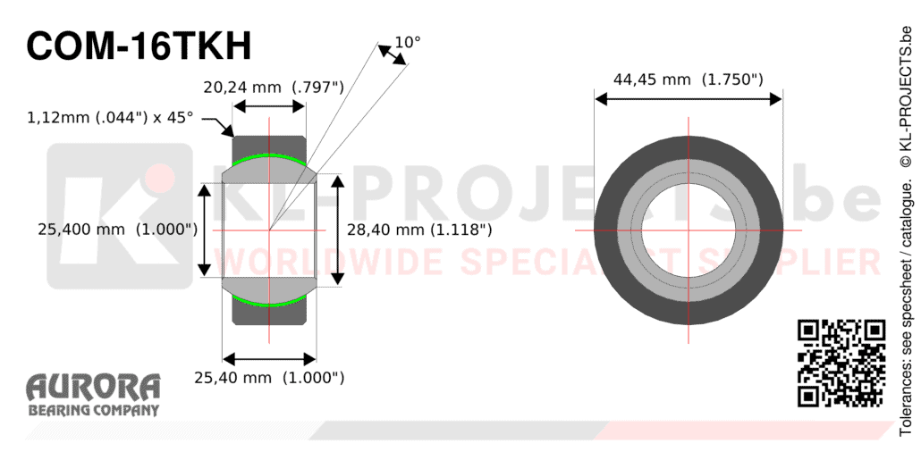 Aurora COM-16TKH narrow spherical bearing drawing with dimensions