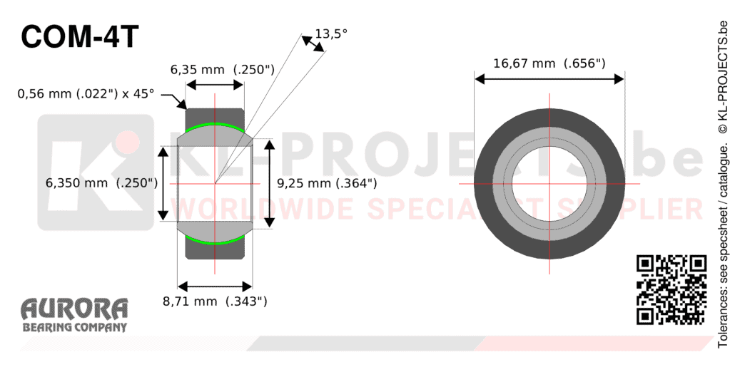 Aurora COM-4T narrow spherical bearing drawing with dimensions