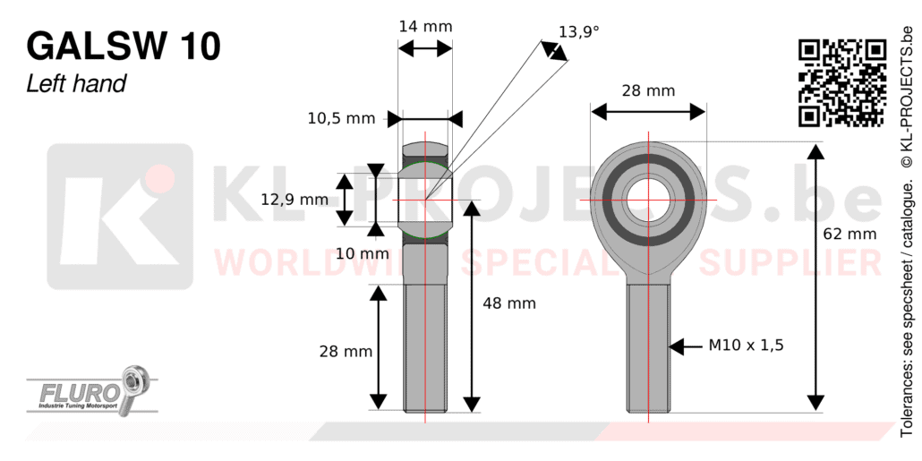 Fluro GALSW10 male rod end drawing with dimensions